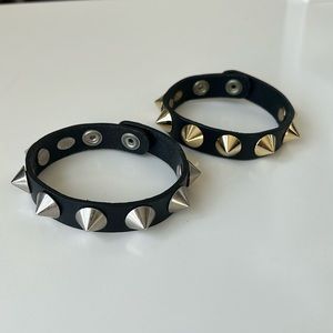 Black Leather Bracelets with Gold and Silver Spikes